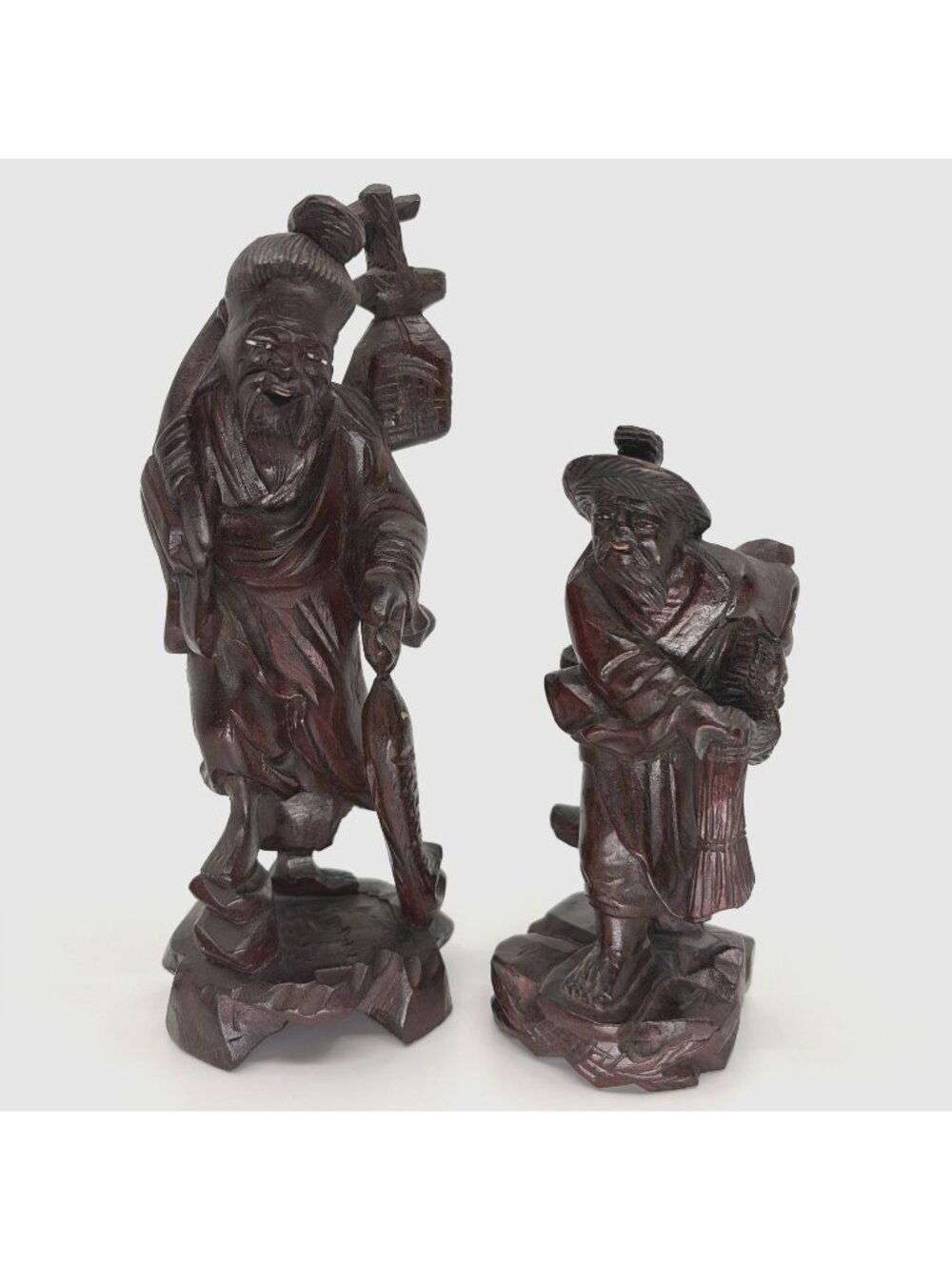 Vintage Chinese Export Hand Carved Wood Fisherman Farmer Figurines Glass Eyes